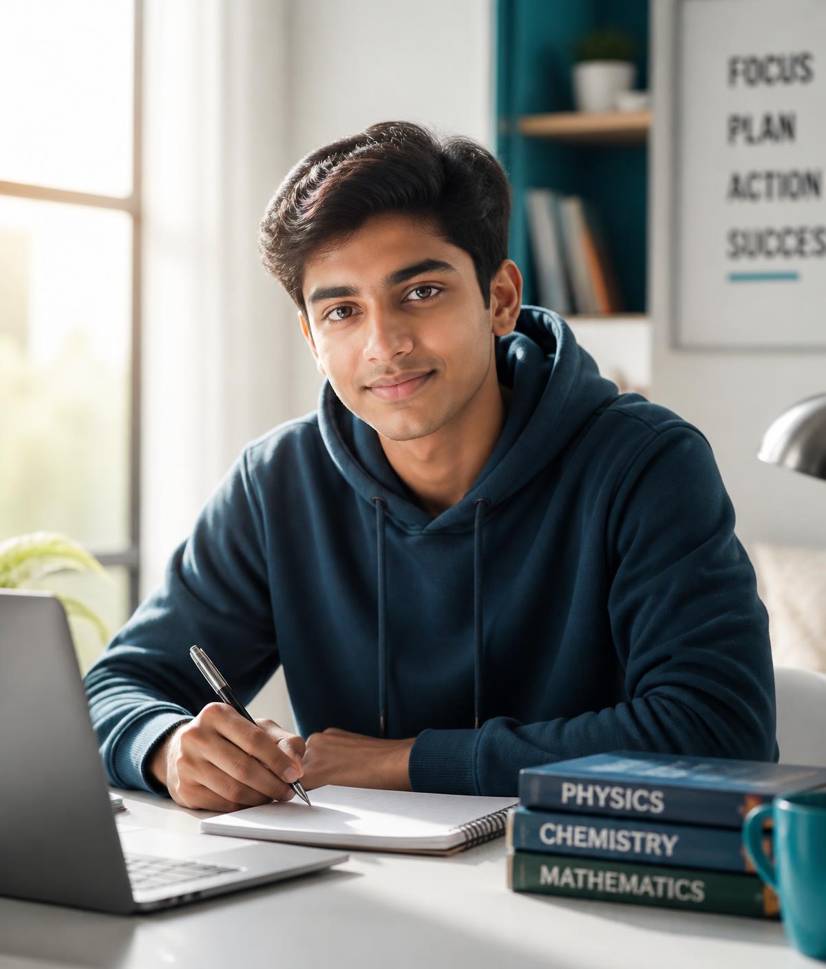 A calm, focused Indian student preparing for JEE and NEET examinations at a study desk